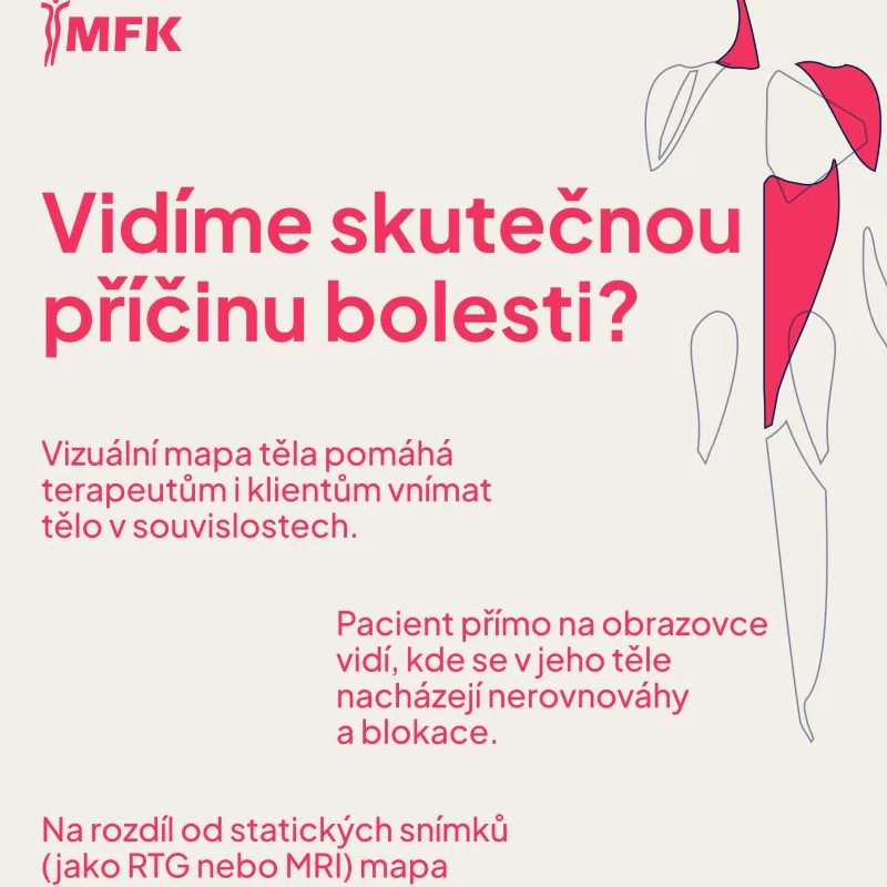 Slide s otázkou „Vidíme skutečnou příčinu bolesti?“ a mapou těla se zvýrazněnými oblastmi
