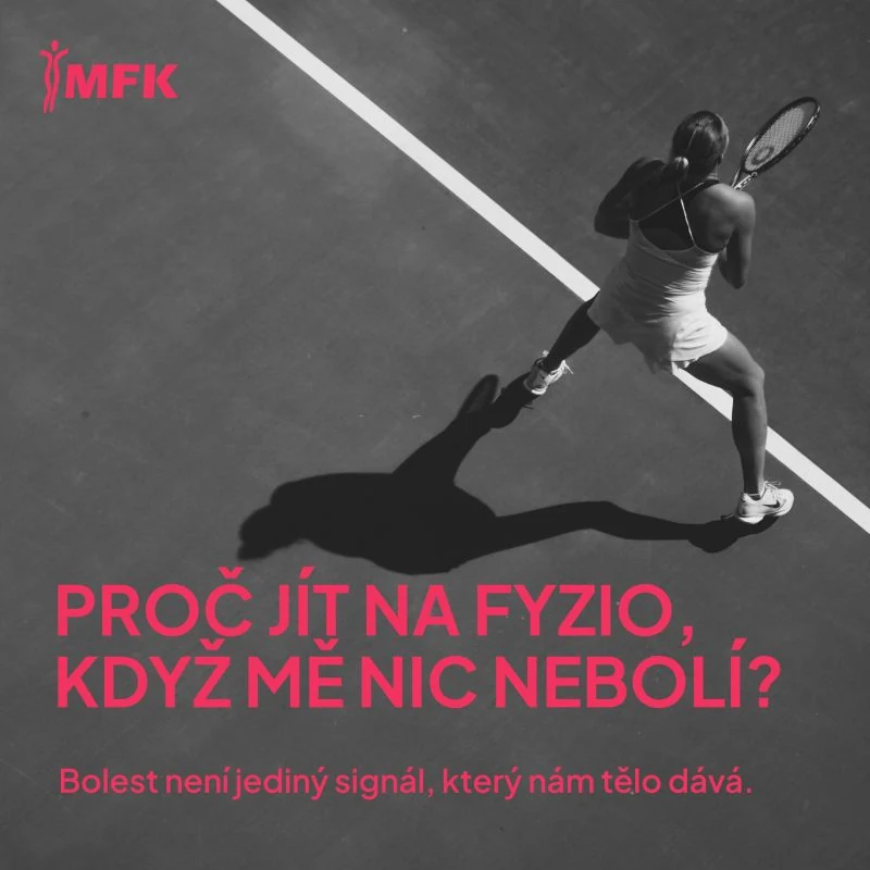 Grafika s tenistkou a otázkou „Proč jít na fyzio, když mě nic nebolí?“