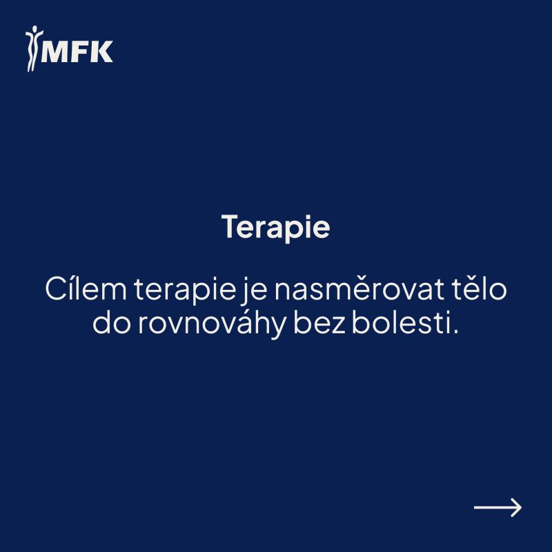 Tmavě modrý slide s nadpisem Terapie a textem „Cílem terapie je nasměrovat tělo do rovnováhy bez bolesti.“