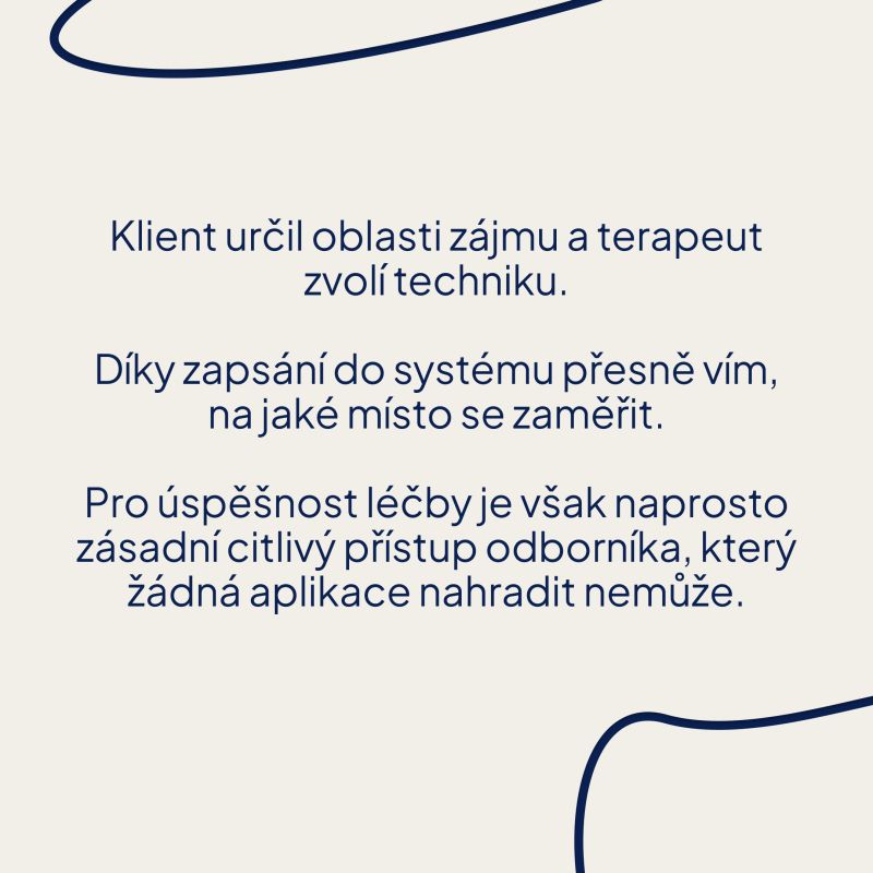 Slide o tom, že klient určil oblasti zájmu, terapeut zvolí techniku a citlivý přístup odborníka nelze nahradit