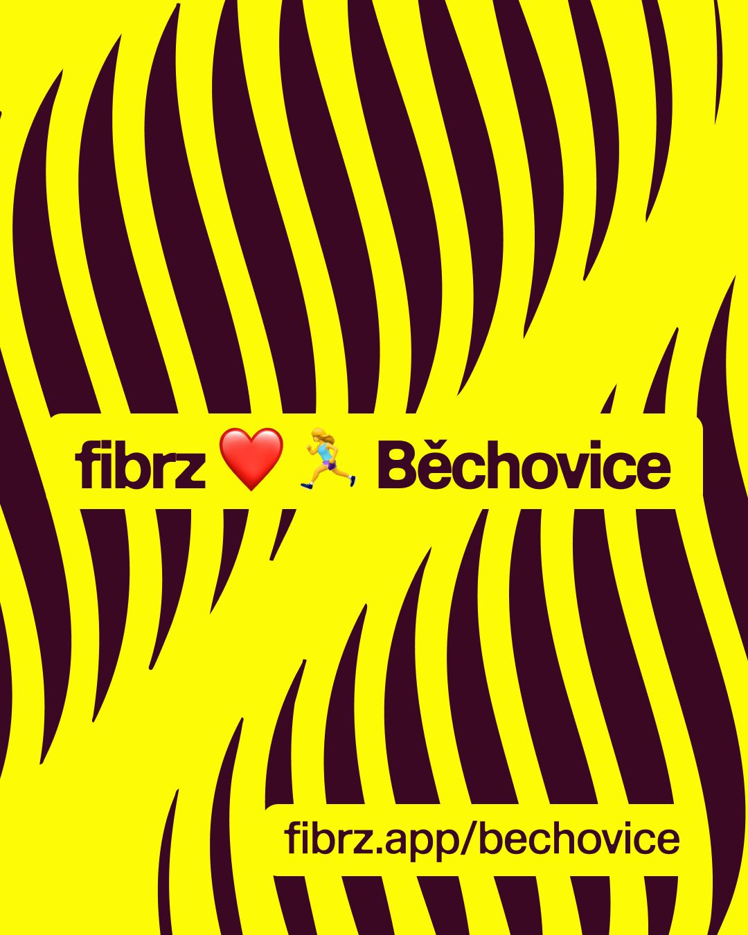 Grafika FIBRZ ♥ Běchovice — žluté pozadí s fialovými vlnami a odkazem fibrz.app/bechovice