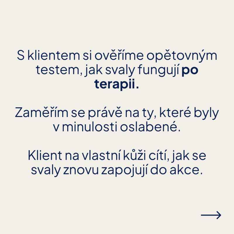 Textový slide: opětovný test po terapii, zaměření na dříve oslabené svaly, klient cítí zapojení