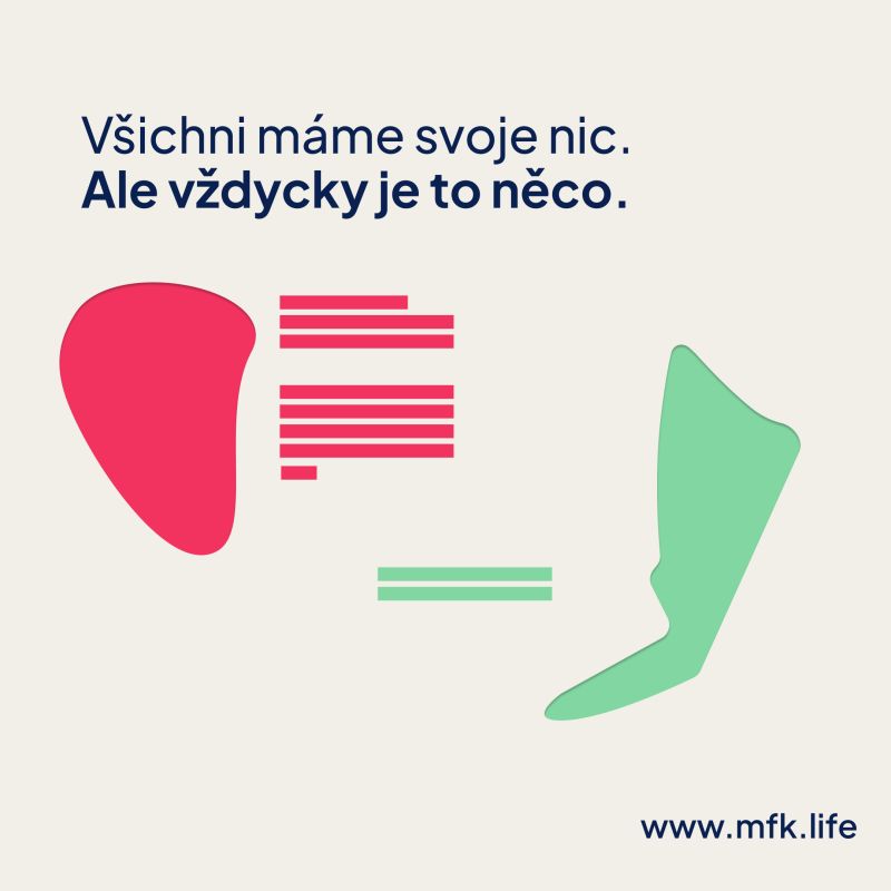 Grafika MFK: abstraktní mapa těla a text „Všichni máme svoje nic. Ale vždycky je to něco.“ — www.mfk.life